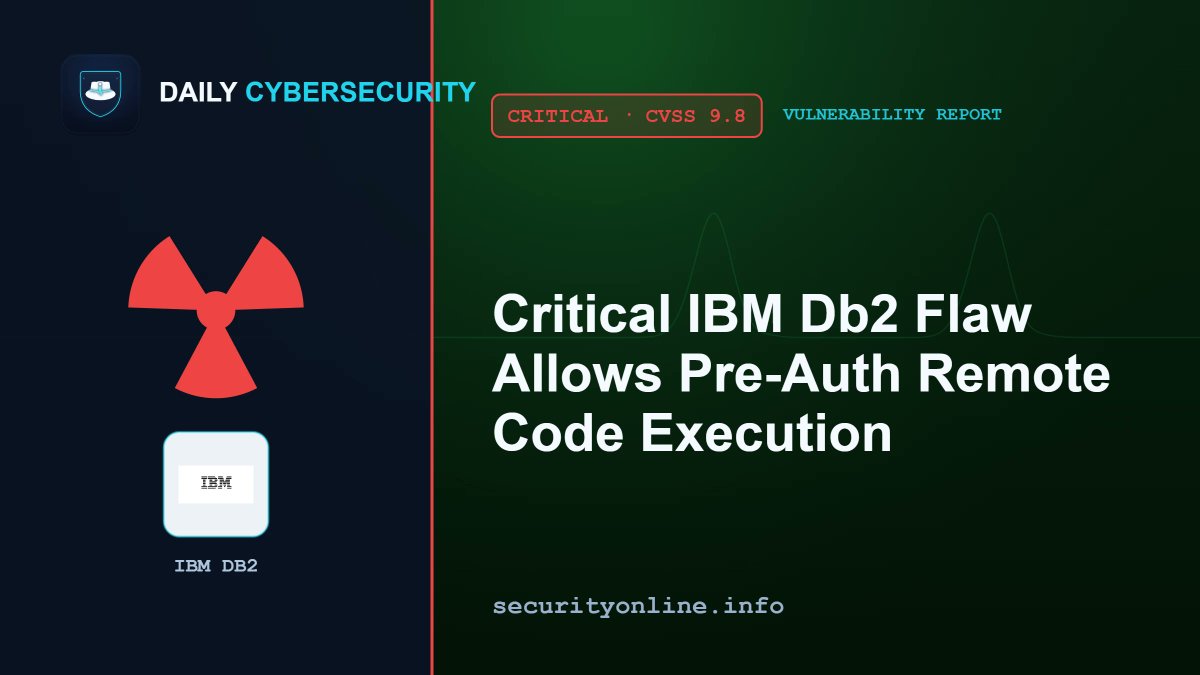 Daily_CyberSec's tweet photo. A critical IBM Db2 RCE flaw (CVE-2026-10109) allows pre-auth code execution. IBM patched it plus two other Db2 bugs. Update 11.5 and 12.1 now.

#IBMDb2 #Db2 #RCE #CVE202610109 #CyberSecurity #DatabaseSecurity
https://t.co/mkMd41Fegd https://t.co/nTWUb3sKvC