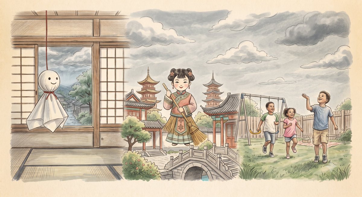 densetsunopanda's tweet photo. We hang a teru teru bozu to wish for sunshine. Its roots may lie in China's "Saoqingniang" paper-doll legend. In America, there's the song Rain, Rain, Go Away. Different traditions, same wish: hoping for clear skies. https://t.co/awAWcjchU8