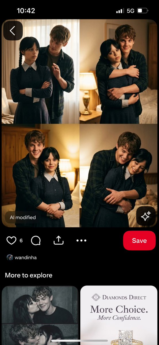 veg_spaghetti's tweet photo. The most common example I see (because the Wednesday fandom has a serious AI problem). Like that’s definitely Jenna Ortega, close but no cigar on the Hunter Doohan. https://t.co/ZuEvXVp8jb