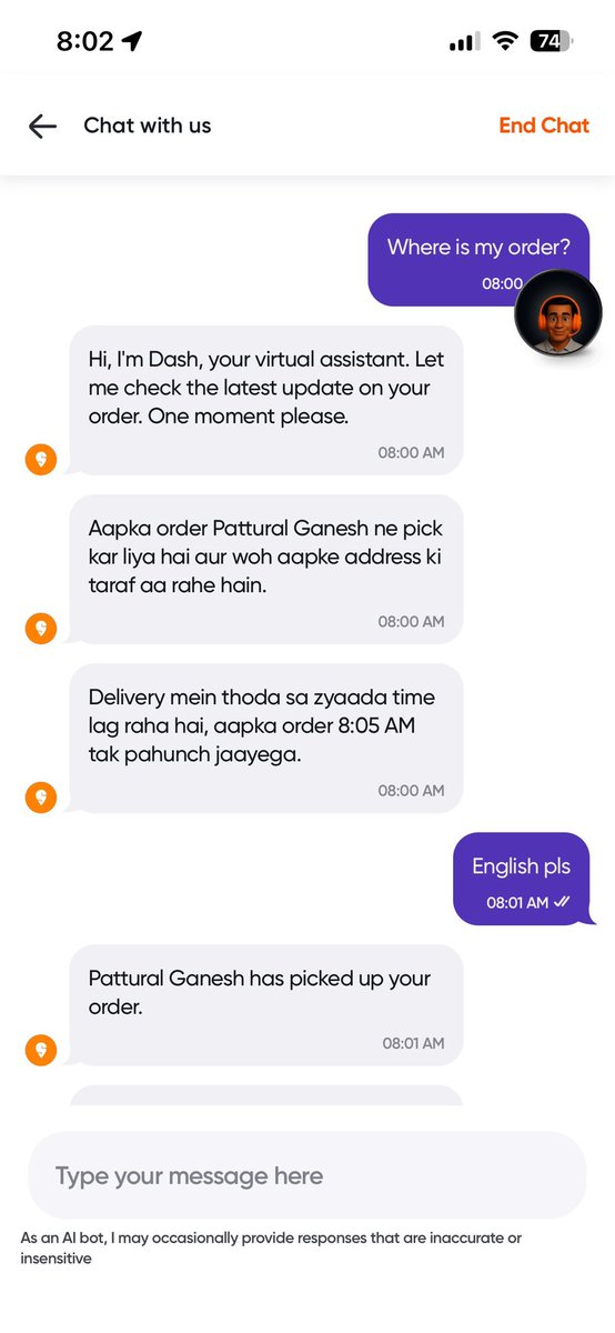dottyjohnson's tweet photo. @Swiggy @SwiggyCares what’s your sudden obsession with Hindi ? Your Bot by default responds in Hindi and we need to keep reminding to switch to English. Remember India has many states speaking different languages, so pls keep your app in English and don’t enforce Hindi. https://t.co/AEN93ZN1Fl