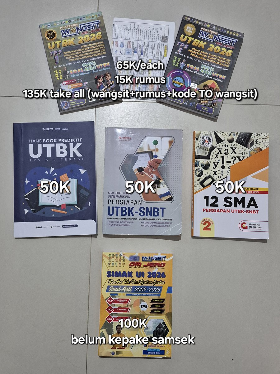 glaffycone's tweet photo. WTS BUKU PERSIAPAN SNBT SIMAK 2026 2027
WANGSIT OM JERO 2026
HANDBOOK BRITS UTBK 2026
NEUTRON UTBK SNBT 2026
GO UTBK SNBT 2026
SIMAK UI 2026
pemakaian pribadii yaa, coretan pakai pensil bisa dihapus
✨️ bisa shopee freeong
yg minat silahkan DM aja yaa
#wts #utbk #snbt #simak https://t.co/9V7bCYuksW