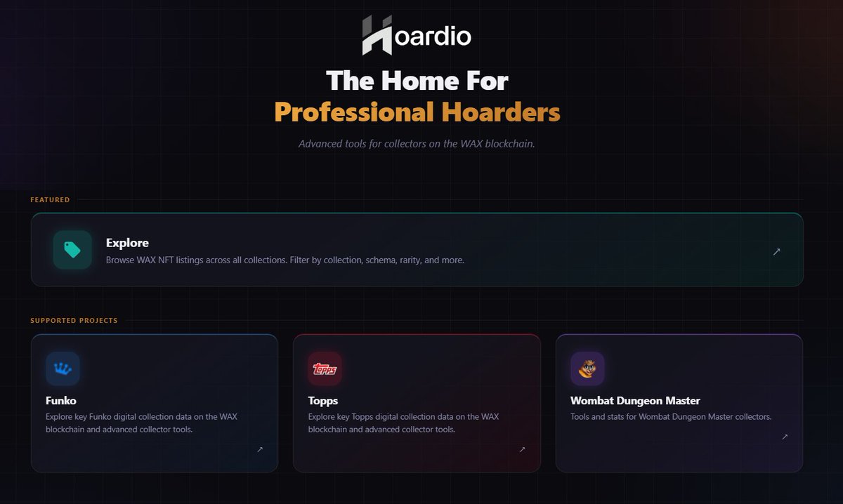 HoardioHQ's tweet photo. 🚀 Explore is now live on Hoardio!

Until now, the platform focused on advanced tools for a few supported WAX projects. Starting today, the new Explore feature lets you browse and purchase NFTs listed for sale from any WAX blockchain project directly on the site.

This is the first beta release, so expect bug fixes, new features, and ongoing improvements over the coming weeks.

#WAX #WAXNFT #NFTCollectors #Hoardio