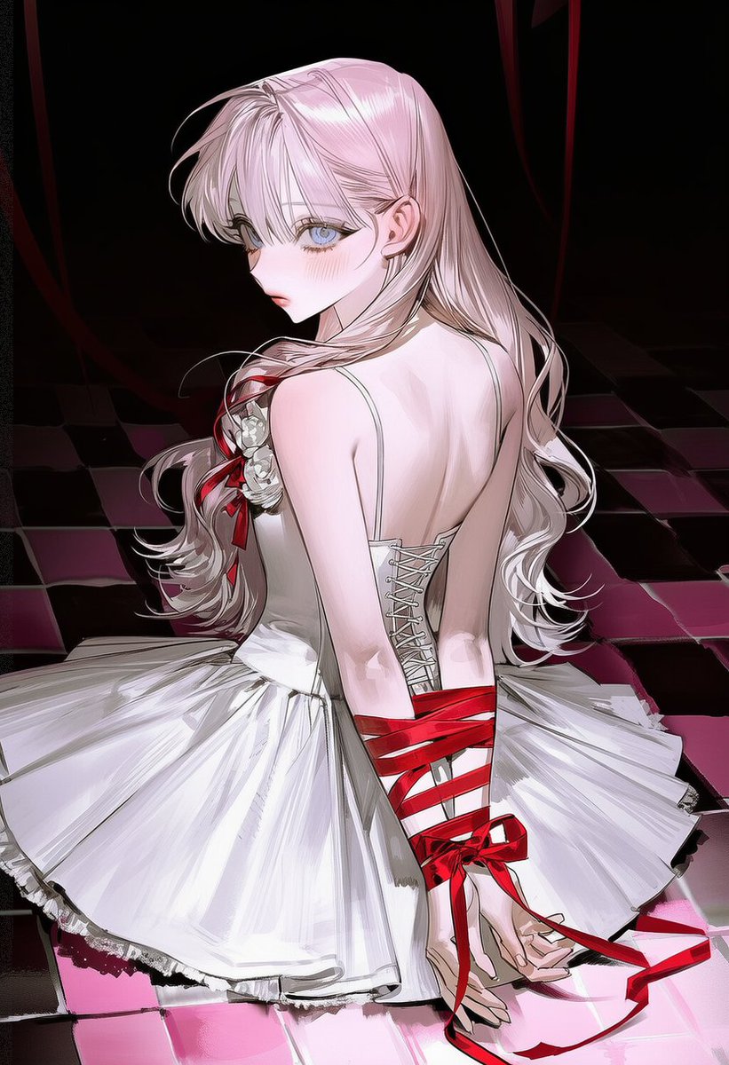 9ookwa's tweet photo. full body, from behind, back focus, sitting, arms behind back, wrists crossed behind back, white corset, white tutu, white dress, lace-up back corset, spaghetti straps, white flower corsage, red ribbon, red bow, ribbon tied on wrists, multiple bows, ribbon lacing, dark background, black background, pink and white tile floor, close-up, portrait, vertical composition, dramatic lighting, soft shadows, film photography, analog photo, vintage photo, high contrast, warm tones