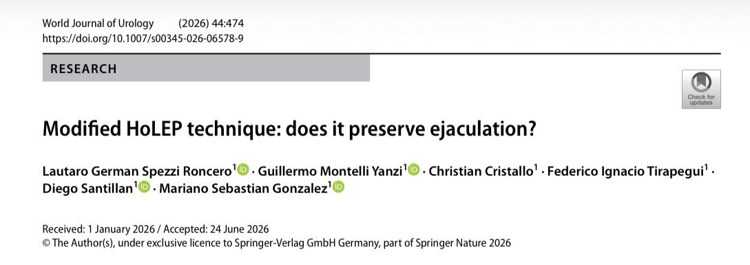 GMontelliYanzi's tweet photo. 🧵 1/3
📢 New publication‼️
Can preserving peri-verumontanum tissue during #HoLEP preserve antegrade ejaculation?
We conducted a prospective randomized study to answer this question.
📄 doi:10.1007/s00345-026-06578-9
@wjurol @SpringerUrology @UroHIBA https://t.co/3el45lDqBy