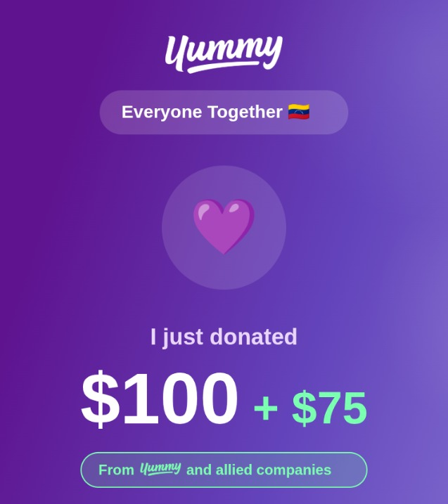 uwwgo's tweet photo. Yummy is reputable, and matches donation amount. Consider helping if you can.

Also, as a payments nerd, props on a fantastic checkout experience @yummy_vzla ! https://t.co/m3g0wulH9j