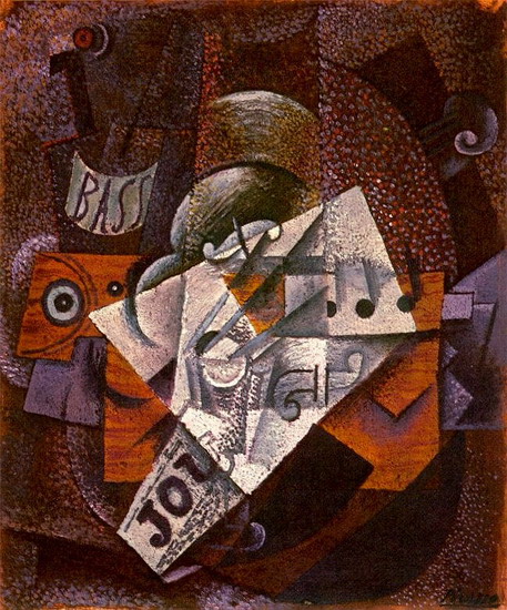 HCA_CatM's tweet photo. 🎨
「Bottle, clarinet, violin, newspaper, glass」
Pablo Picasso　1913 https://t.co/ntBIQpCN18
