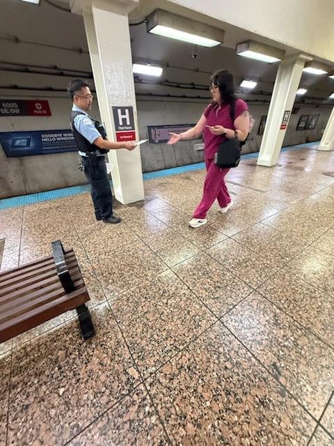 CPDTransit's tweet photo. Public Transportation Section Officers at Harrison Redline conducting safety awareness outreach for the ridership. @Chicago_Police @CPD_B https://t.co/zXHZEGocQt
