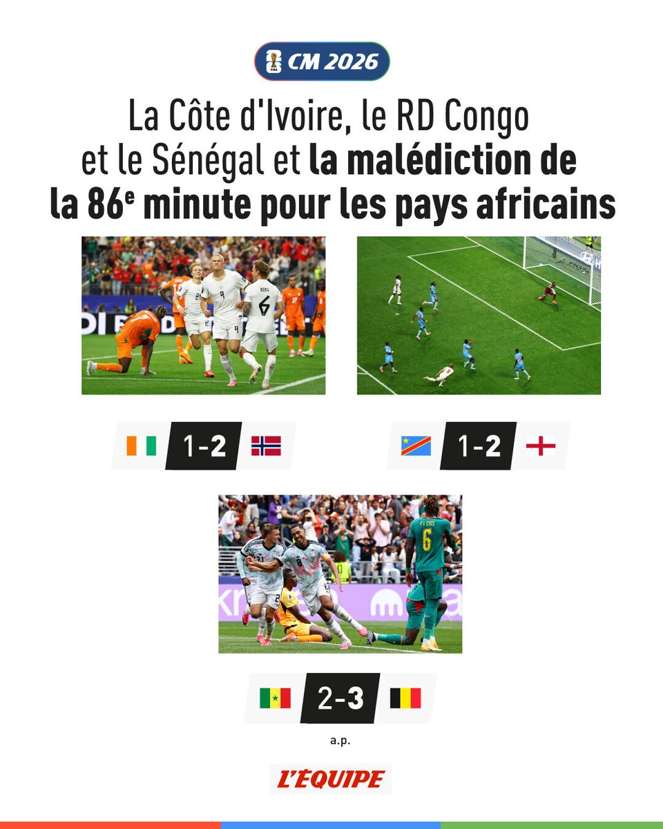lequipe's tweet photo. La Côte d'Ivoire, le RD Congo et le Sénégal et la malédiction de la 86e minute pour les pays africains lors de cette Coupe du monde 2026
➡️ https://t.co/znNIDlIHHG https://t.co/ywVzVZVC7B