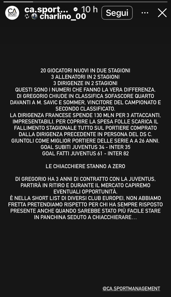 capuanogio's tweet photo. L’agente di #DiGregorio sbaglia i modi, ma non c’è nulla di quello che scrive che non corrisponda alla realtà. Negli ultimi due anni la #Juventus ha fallito innanzitutto perché ha sbagliato totalmente la scelta di allenatori, dirigenti e attaccanti.

Il resto sono auto-convincimenti dei tifosi.