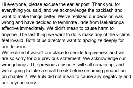 IsekaironpaTD's tweet photo. Here is our new statement. We understand if we have violated people's trust, but want to do everything in our power to right our wrong. https://t.co/0LDpYLoWnm