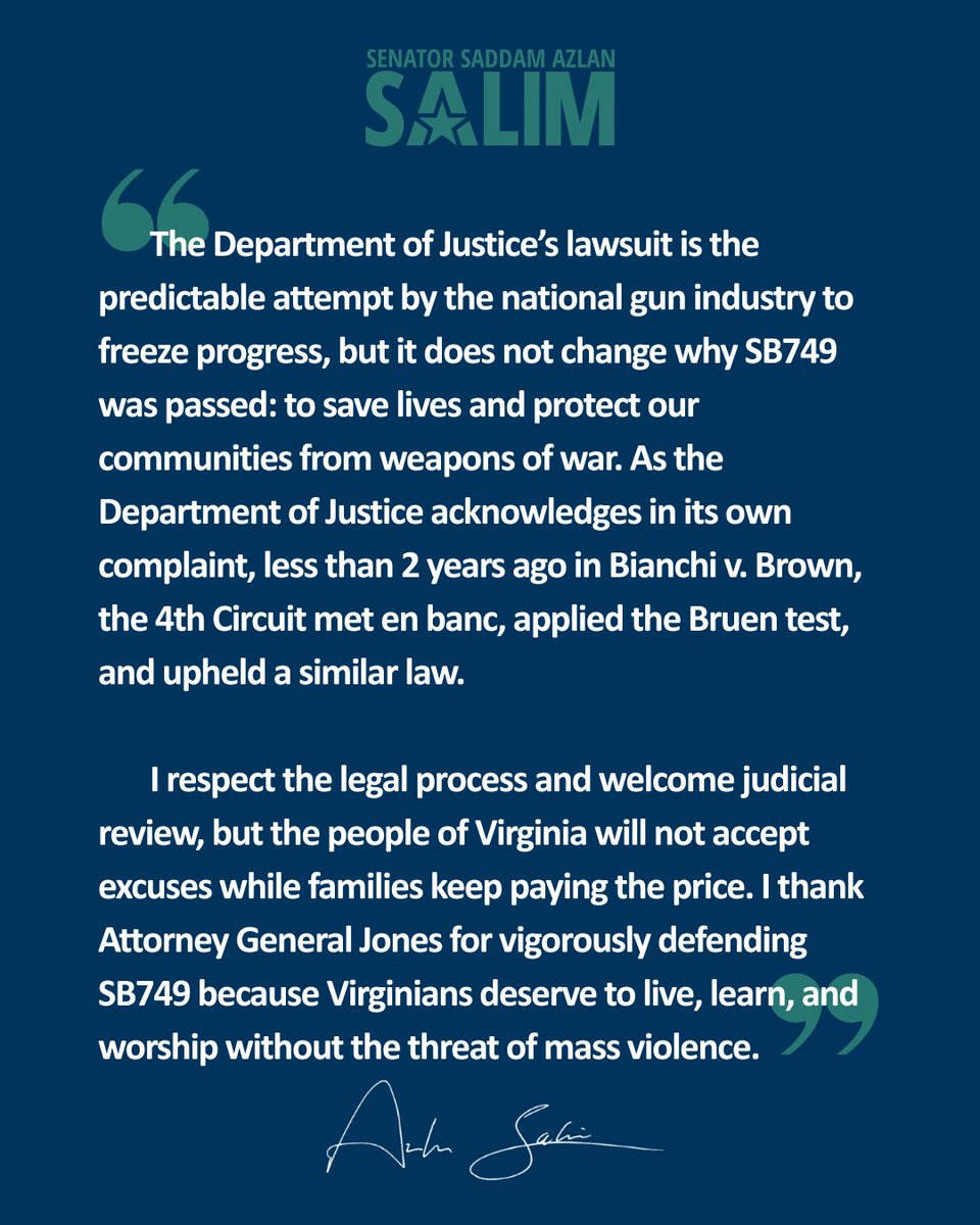 SalimForVA's tweet photo. My statement on the Department of Justice's complaint against SB749: https://t.co/vSBHT1Fzbv