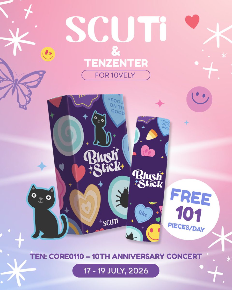 TENzenter's tweet photo. 🐱SCUTi & TENZENTER🐱
GIVEAWAYS FOR 10VELY
@ TEN:CORE0110 – 10th Anniversary Concert

#TENCORE0110Concert
#TEN #เตนล์

💜@scuti_official
 สปอนเซอร์ผู้ใจดี แจก Blush Stick ให้ 10vely ฟรี 303 ชิ้นค่ะ!
🦋แจกวันละ 101 ชิ้น เป็นเวลา 3 วัน

เพื่อน ๆ สามารถรับ Blush Stick ที่ทีมงาน TENzenter ใน
📅วันที่ 17-19 ก.ค. 69 
📍ที่ Bitec Live 

⚠️สำหรับเวลาและจุดที่แจก จะแจ้งให้ทราบอีกทีนะคะ
ขอบคุณ SCUTi ที่ให้การสนับสนุนค่ะ🙇‍♀️