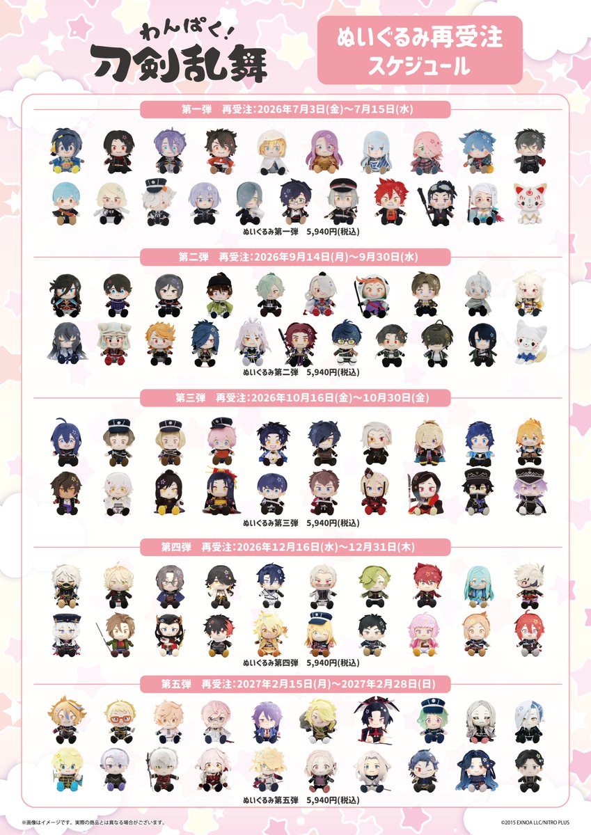 wnpk_tkrb_s's tweet photo. 🌸ぬいぐるみ再受注スケジュールのお知らせ🌸
「#わんぱく刀剣乱舞」第一弾～第五弾ぬいぐるみ再受注のスケジュールをお知らせします。

第一弾は下記を予定しています。
受注期間：2026年7/3(金)～7/15(水)
お届け：2026年12月上旬

購入ページは続報をお待ちください。

#刀剣乱舞 https://t.co/alMKJtGjgm