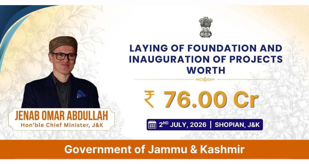 CM_JnK's tweet photo. Chief Minister is visiting Shopian today to review developmental works and the implementation of key welfare programmes. During the visit, he will dedicate development projects worth over ₹76 crore to the people and interact with farmers and fruit growers. https://t.co/PckHY3nkBd