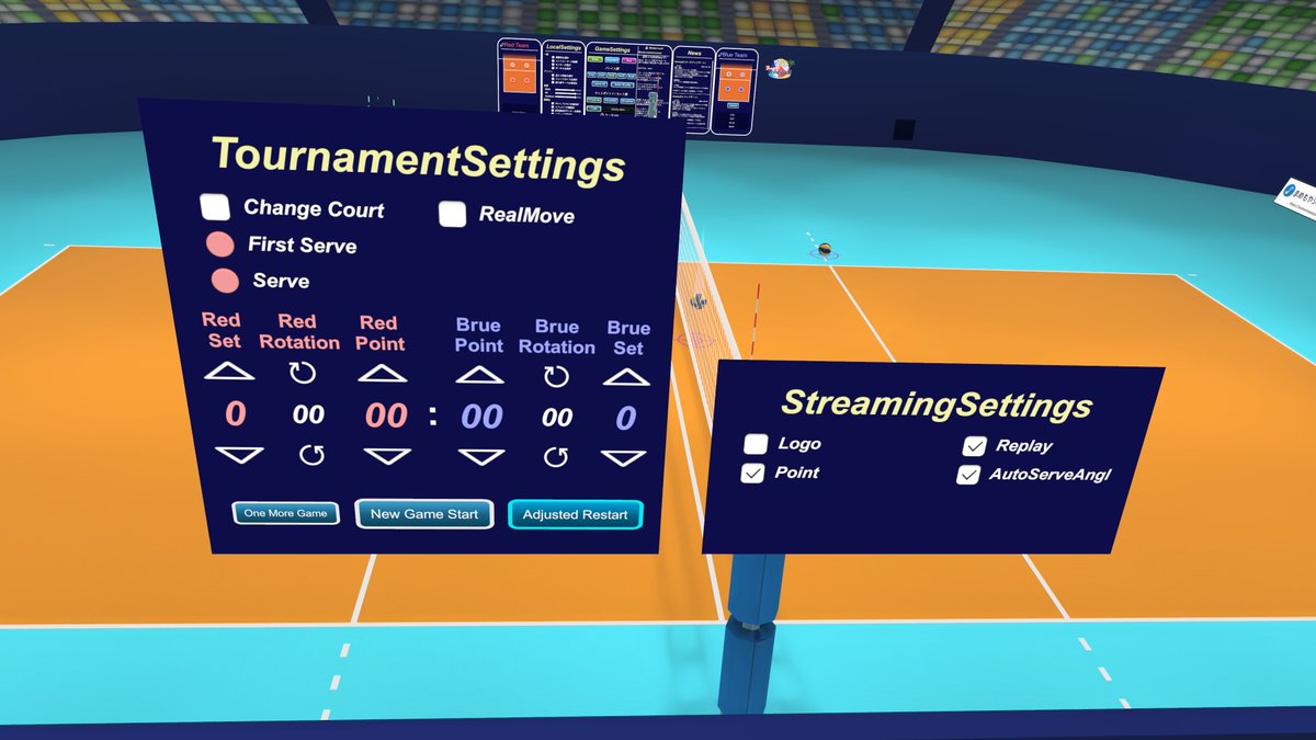 VRC_Volleyball's tweet photo. 大会モードを追加します！
大会スタッフがインスタンスマスターのときに利用可能なモードで、得点調整などが行えます。
試合中断時には得点やローテーション情報が保存されるため、点数調整を行っての再開なども可能です。

(チェンジコートや複数セットは未実装です。将来のUIスペース確保用。) https://t.co/p8V77luLWV
