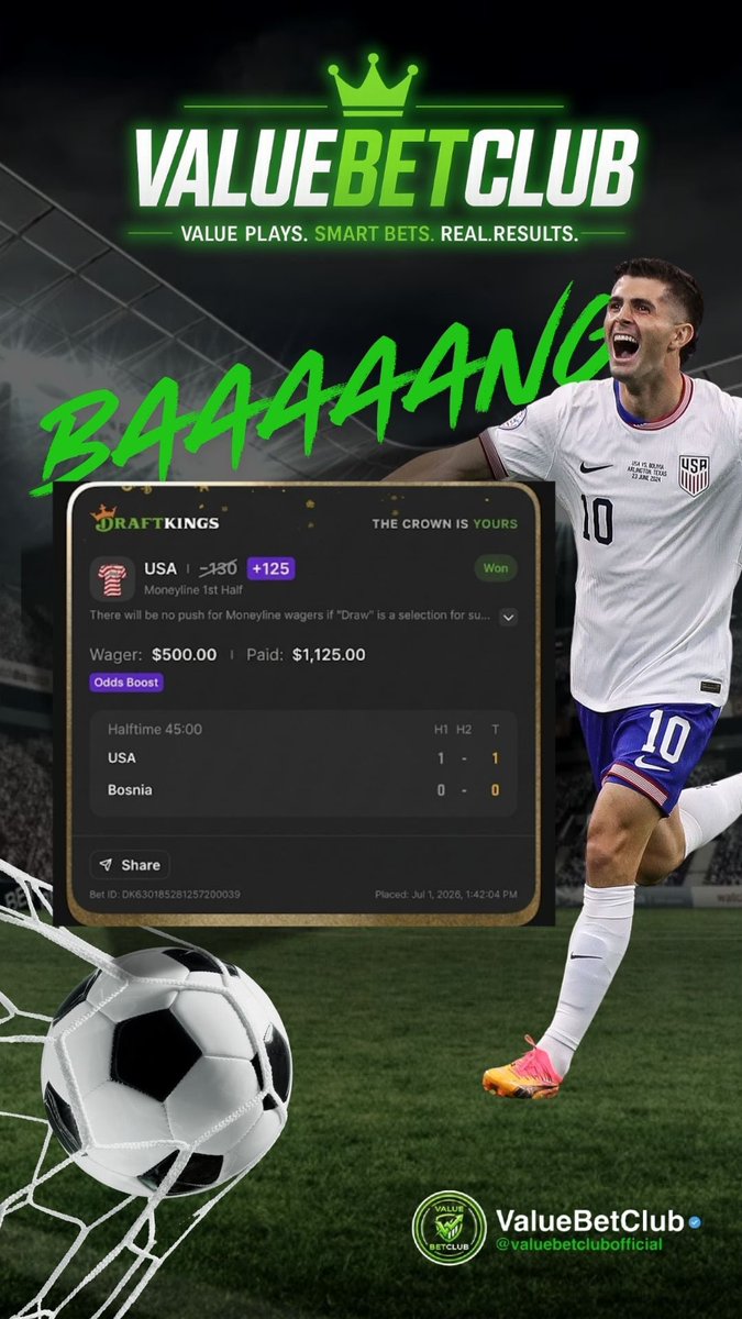 Pw_ValueBetClub's tweet photo. Best picks in the game! +113 units 🔥
USA VS BOSNIA! CASH COUNTER 💸💸

check out https://t.co/jQ8UByzW3G

join https://t.co/jqlJ7YxIou    for FREE picks! 💰💰 https://t.co/V9SL0DZ4SU