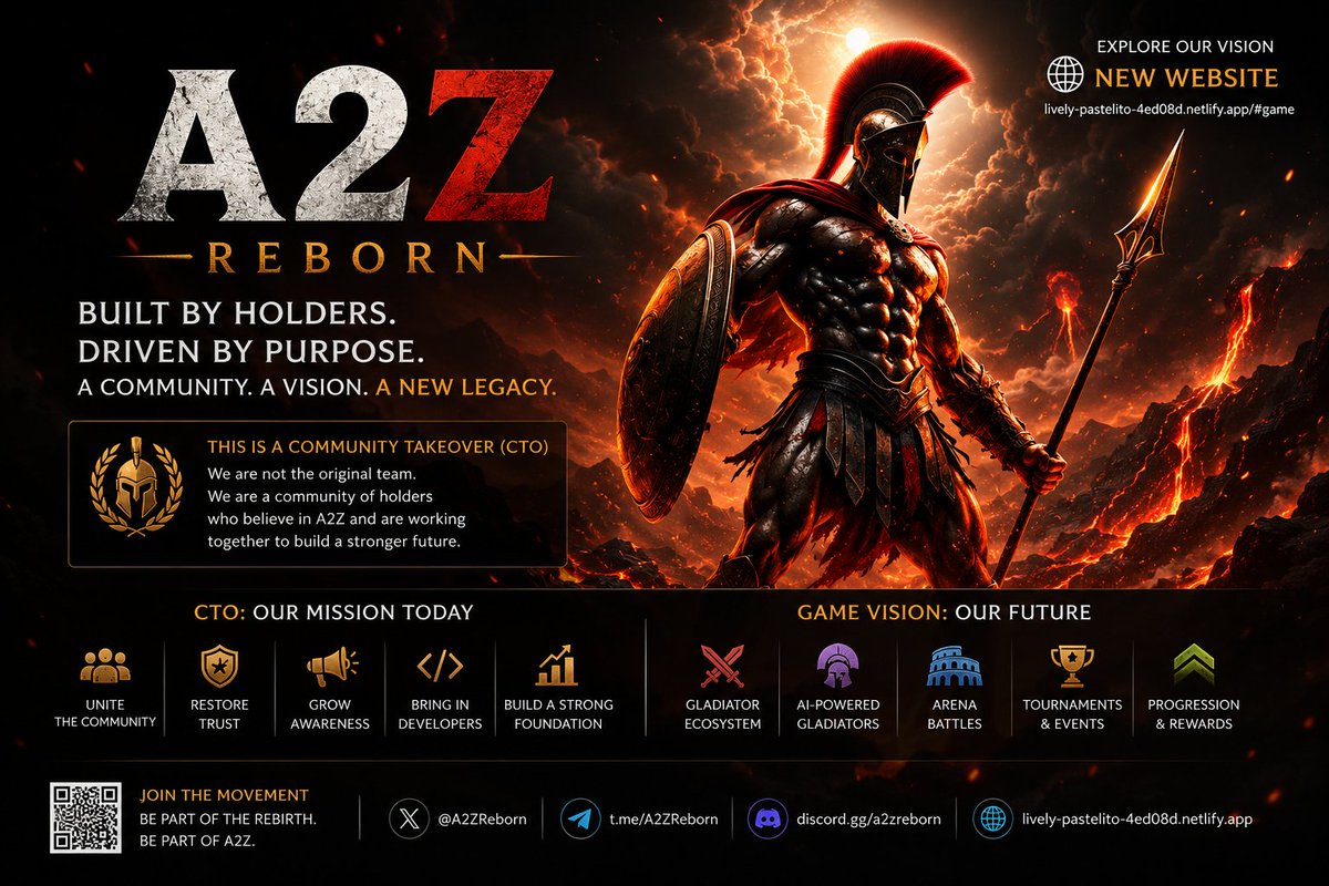 A2ZReborn's tweet photo. ⚔️ A2Z REBORN is more than a Community Takeover.

Our goal is to unite holders, attract builders, and share a long-term vision for what A2Z could become.

The CTO is the first step. The future vision includes a gladiator ecosystem, AI-powered characters, arena battles, tournaments, progression, and a community built from the ground up.

This is not an official project—it's a community initiative created by holders who believe A2Z deserves another chance.

🌐 Explore our vision: https://t.co/08FNlv5AXc

If you're a holder, developer, artist, or builder, you're welcome to join the journey.

One Community. One Vision. A2Z Reborn. ⚔️🔥

#A2Z #ArenaZ #A2ZReborn #CommunityTakeover #GameFi #Crypto #Web3 #CryptoCom #BuildInPublic #DYOR
