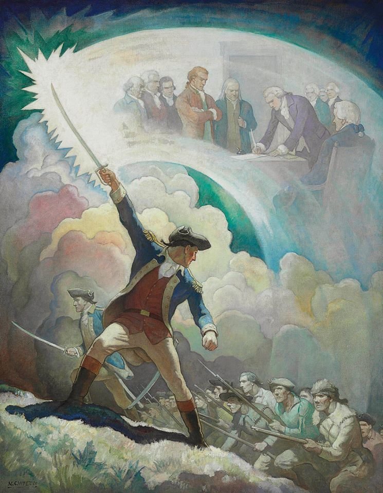 HistoryWJacob's tweet photo. 250 years ago, fifty-six men signed their names to a death warrant.

If the Revolution failed, that document was a hanging list. They knew it and they signed nonetheless. Pledging their lives, their fortunes and their sacred honor to an idea that did not yet have an army strong enough to defend it.

N.C. Wyeth painted the gap between the promise and the price.

Above, in the light and clouds, the signers commit their names. 

Below them, the farmers, tradesmen and frontiersmen, are the ones who had to make those words real. In the smoke and the fight.

It took seven more years of war. Trenton. Valley Forge. Saratoga. Yorktown.

Most of the men in the struggle never signed the Declaration. 

But they paid for it.

America 250 🇺🇸