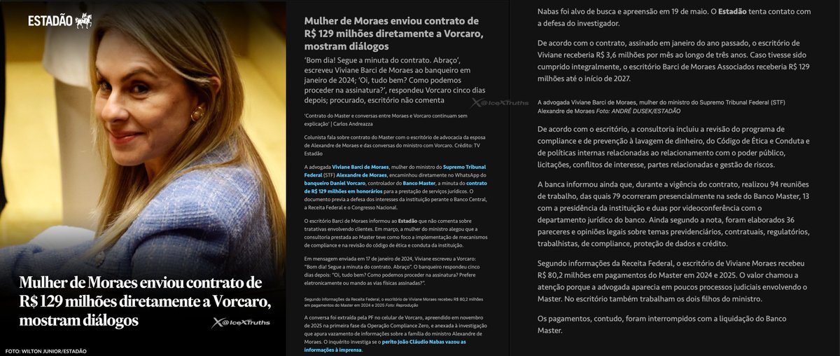 IceXTruths's tweet photo. Quanto mais esse caso avança, mais incômodo ele se torna.

Segundo diálogos revelados pelo Estadão, a esposa de Alexandre de Moraes enviou diretamente a Daniel Vorcaro a minuta de um contrato que poderia chegar a R$ 129 milhões.

Agora imagine, por um instante, se uma conversa idêntica envolvesse a esposa de Jair Bolsonaro ou de Flávio Bolsonaro,  um banqueiro investigado e um contrato milionário. Quantas capas de jornais, quantas horas de telejornal e quantas operações especiais já teríamos assistido?

No Brasil da seletividade, o escândalo não depende dos fatos. Depende do sobrenome de quem aparece na conversa.

A credibilidade das instituições não é corroída apenas por conflitos de interesse. Ela desmorona quando parte da imprensa e das autoridades parece decidir quais casos merecem indignação e quais merecem silêncio.

No fim, a maior blindagem não é jurídica. É política e narrativa.