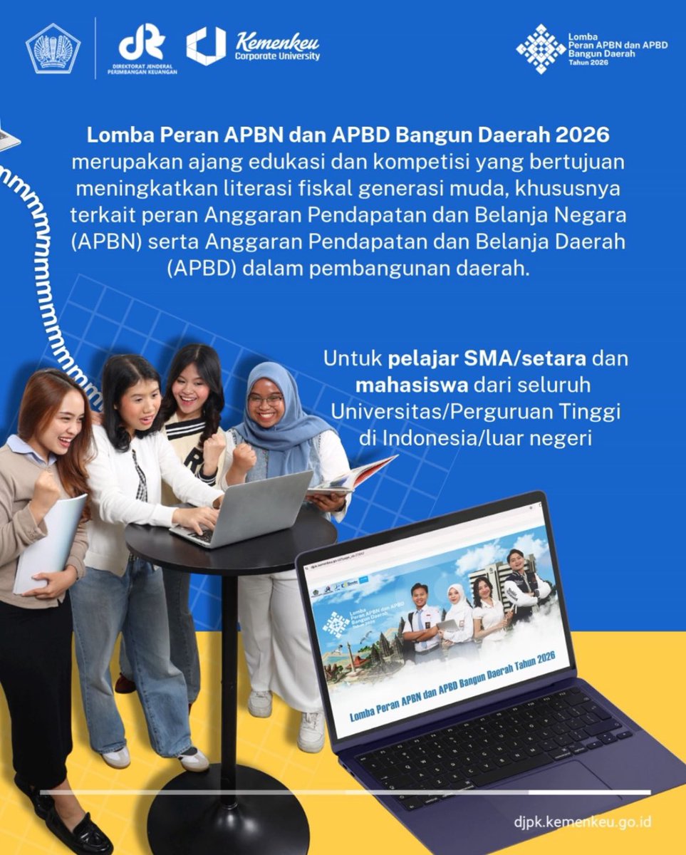 DitjenPK's tweet photo. Lomba Peran APBN dan APBD Bangun Daerah hadir kembali tahun ini! 🥳
Buat kamu pelajar SMA/MA/SMK/Sederajat maupun mahasiswa yang senang menganalisis data, ayo siapkan timmu untuk mengikuti kompetisi ini.
Yuk, simak informasi berikut!

#UangKita #lombaperanapbndanapbdbangundaerah https://t.co/Ze3cqifyKO
