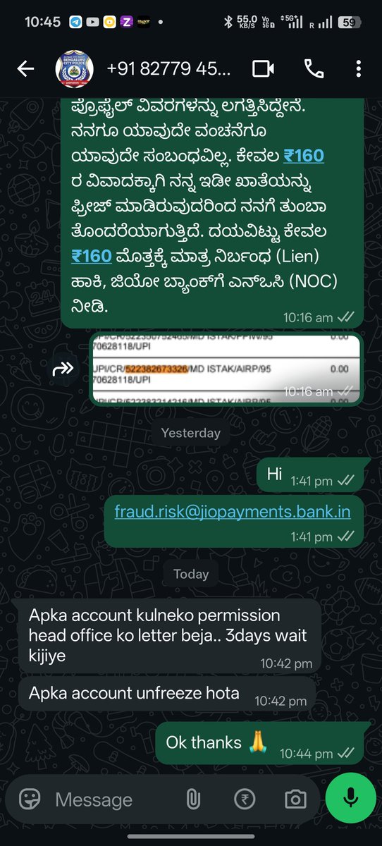 Mdistak123's tweet photo. @DCPNorthBCP @northcenpsbcp @BlrCityPolice @DCPNorthBCP @northcenpsbcp 
Case resolved (Ack:31609250113146). Jio Bank demands NOC to unfreeze A/c. Pls share NOC copy. Urgent. https://t.co/n31wgnvxa2