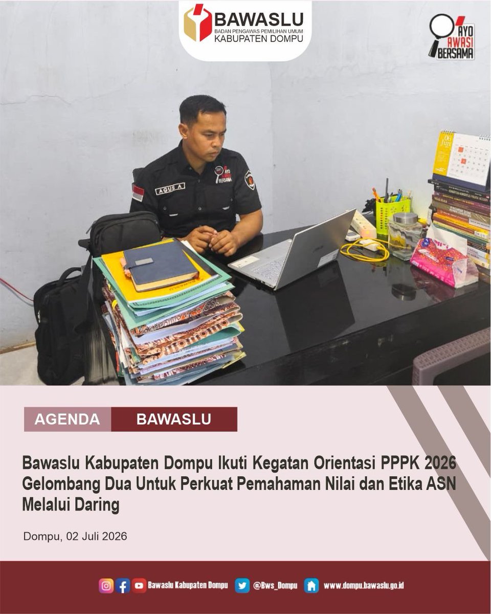 Bws_Dompu's tweet photo. #SahabatBawaslu, Bawaslu Dompu menghadiri kegiatan Pembukaan Orientasi PPPK Kurikulum Pengenalan Nilai dan Etika Instansi Tahun 2026 di lingkungan  Bawaslu/Panwaslih Provinsi dan Sekretariat Bawaslu Kabupaten/Kota. Kegiatan tersebut dilaksanakan secara daring  Kamis (2/7) https://t.co/3BGyoF5zOU