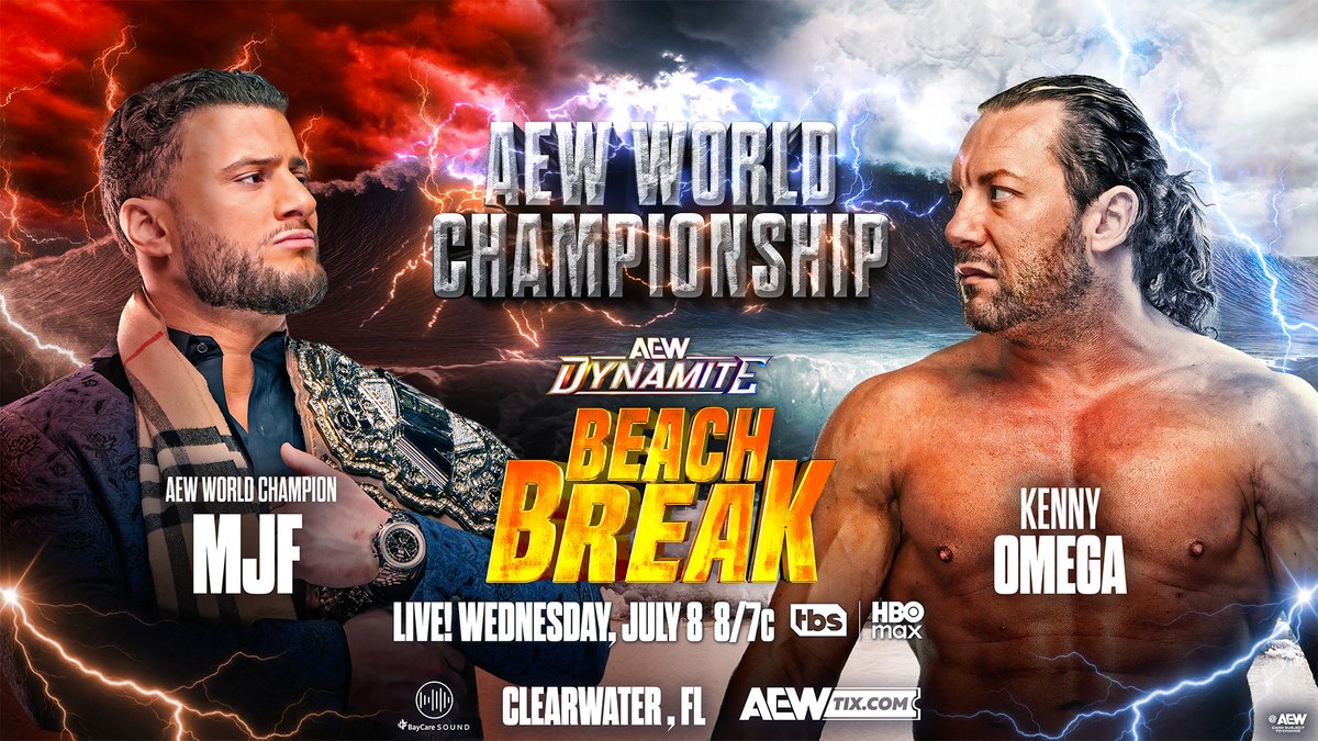 AEW's tweet photo. #AEWDynamite Beach Break
8/7c, TBS &amp; HBO Max
Next Wednesday, 7/8
AEW World Title
@The_MJF vs @KennyOmegamanX
Omega made a deal with the Devil. If he can't defeat MJF for the AEW World Championship, he can never challenge for the title again.
Omega vs MJF, NEXT WEDNESDAY! https://t.co/AstzzuhVwe