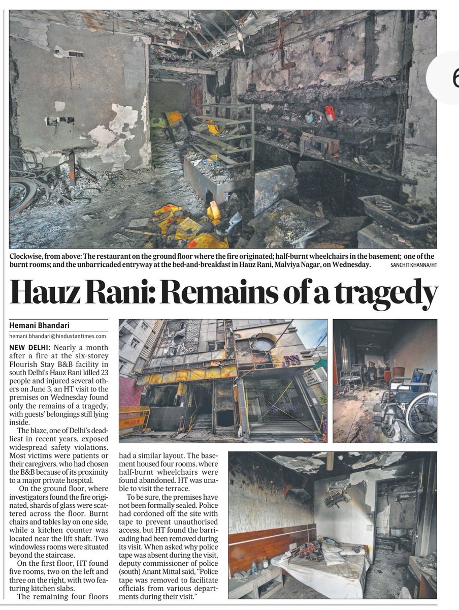 HemaniBhandari's tweet photo. On July 1, @sanchit2294 &amp; I went inside Flourish Stay B&amp;B where 23 people were killed in a deadly blaze a month ago.
Not 25, not 26, we found 31 rooms earlier operational with two on each floor with kitchen slabs. Permission was only for 6.

#Excl details &amp; photos in today's HT. https://t.co/xskx7NF0Ke