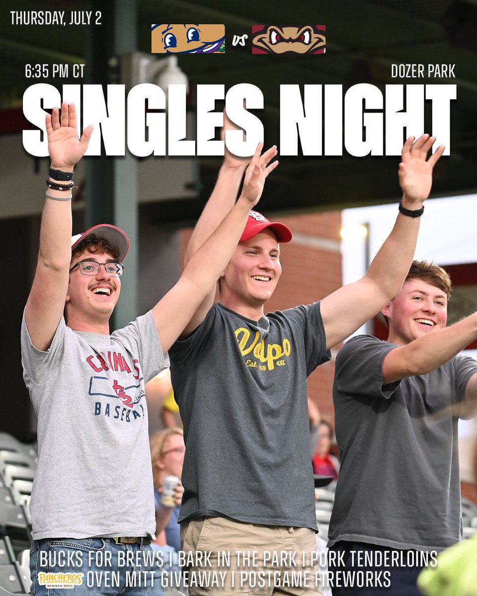 peoriachiefs's tweet photo. No plus one? No problem. 💕 Singles Night is here!
🏟️ Gates Open 5:35pm
⚾️ First Pitch 6:35pm
✖️ @TimberRattlers 
✨ Oven Mitt Giveaway | First 1,000 Fans

🎟️ https://t.co/Ormp37AnG0

#peoriachiefs https://t.co/mdu0H9vdYA