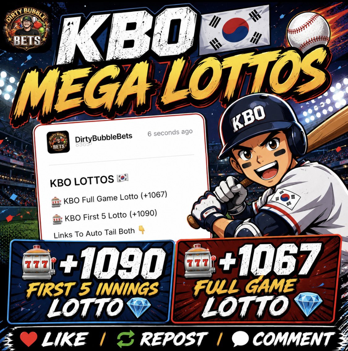 DirtyBubbleBets's tweet photo. KBO WAKE N CASH MEGA LOTTOS 🇰🇷

2 Longshot Parlays Posted To VIP 💎

Grab Our Entire KBO Card HERE 👇
https://t.co/3yzO66lAiH

Sending 5 People A Lotto For FREE ⭐️

Like ❤️ + Repost ♻️ + Comment 💬 https://t.co/2xIKKgK6j3