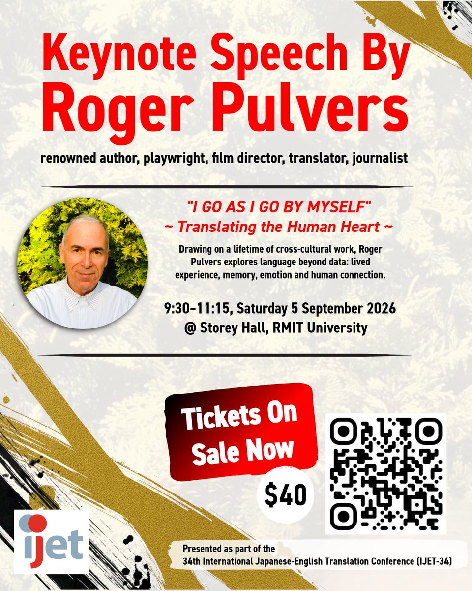 IJET_Conference's tweet photo. 🐨 𝐊𝐞𝐲𝐧𝐨𝐭𝐞 𝐒𝐩𝐞𝐞𝐜𝐡: 𝐓𝐢𝐜𝐤𝐞𝐭𝐬 𝐍𝐨𝐰 𝐀𝐯𝐚𝐢𝐥𝐚𝐛𝐥𝐞 🐨

Join us for the IJET-34 keynote by Roger Pulvers.

5 Sept. 9:30 am
Storey Hall, RMIT University
Tickets: A$40

Advance booking required.

Find out more:
https://t.co/htwtwSKMcd

#IJET34 #RogerPulvers https://t.co/xxaZytYvke