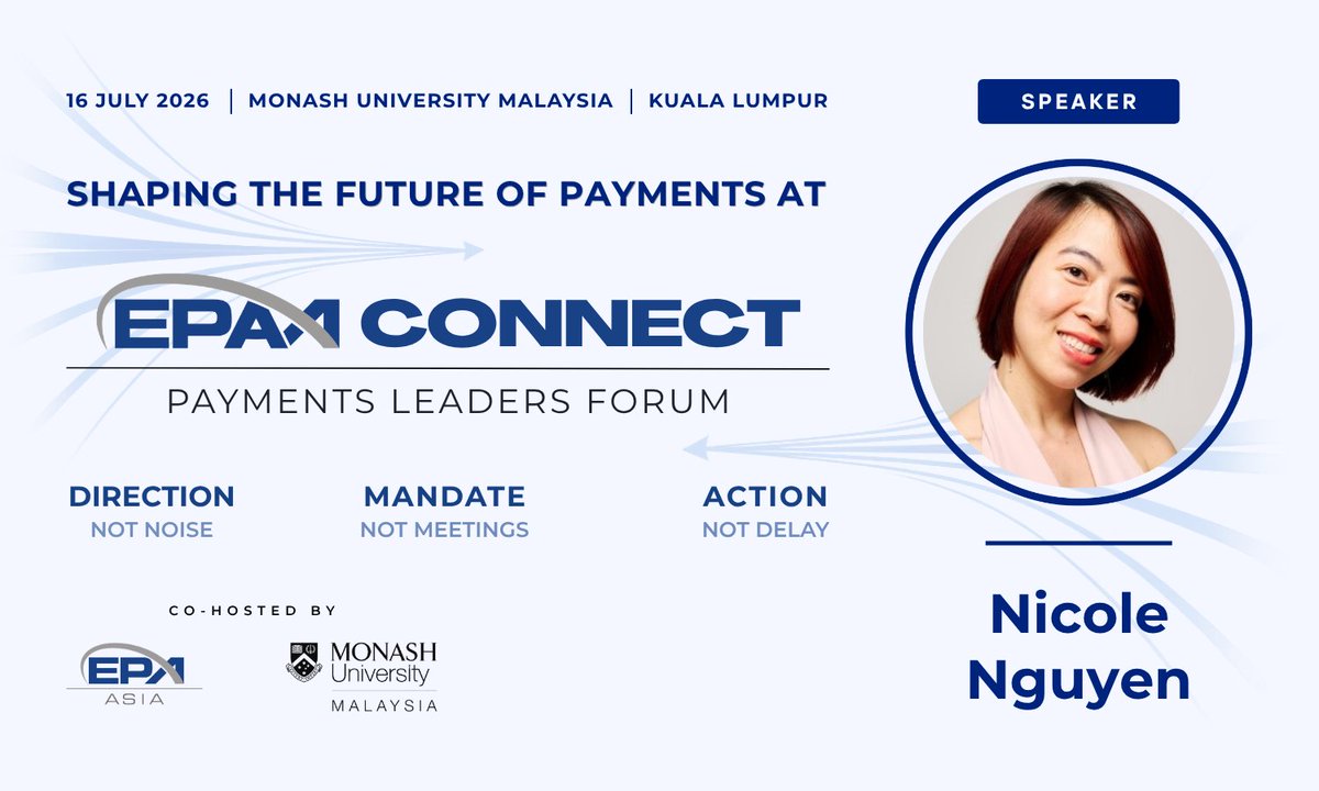 apacdao's tweet photo. Our Founder @NicolenguyenEth  is speaking at EPAA Connect: Payments Leaders Forum on 16 July in Kuala Lumpur 🇲🇾

Closed-door. Senior leaders. Real conversations about where payments in Asia Pacific is heading.

Co-hosted by EPAA × Monash University Malaysia.
Direction, not noise. 🎯
