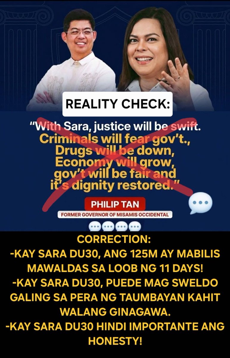 CDapo's tweet photo. @inquirerdotnet @bellepechayINQ KATUNAYAN:
-KAY SARA DU30, ANG 125M AY MABILIS WALDASIN SA LOOB NG 11 DAYS!
-KAY SARA DU30, PUEDE MAG SWELDO GALING SA PERA NG TAUMBAYAN KAHIT WALANG GINAGAWA.
-KAY SARA DU30 HINDI IMPORTANTE ANG HONESTY! https://t.co/b44WBC1U1z