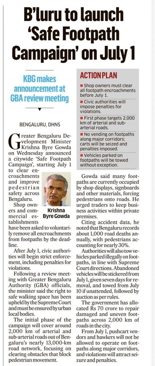 Maheshbr4U's tweet photo. ■#Bengaluru is witnessing a massive footpath encroachment clearance drive across city , aimed at reclaiming about 2000 Km on various roads.
■This Initiative of Bengaluru dev. minister, @krishnabgowda is the biggest & the most bold action on ground in #India.
■No mercy shall be shown to all kind of encroachers, including shop owners.
■ license of showrooms & Shops whch put boards, illegal parking etc, shall be revoked & heavy penalty shall be put on both tenants & property owners.
■ Request home minister @PriyankKharge & @DgpKarnataka for a support, as most of these encroachments happens with the aid both of Police & Rowdy sheeters.

Citizens are with KBG & DKS In ths Major Clean Bengaluru drive 
@DKShivakumar @CMofKarnataka 
📸 @DeccanHerald @TOIIndiaNews