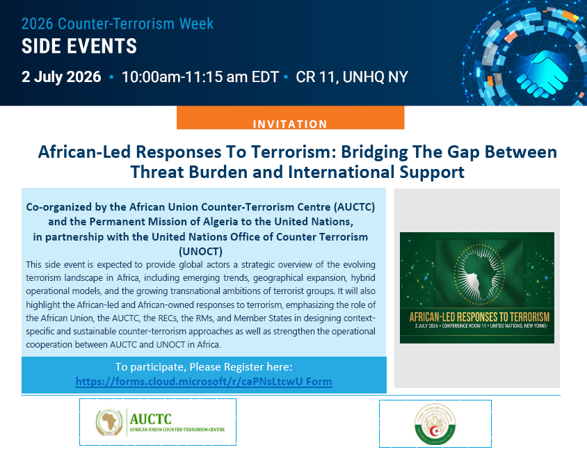 UN_OCT's tweet photo. 📢#CTWeek Side event 🗓️2 July 10:00 EDT
➡️African-Led Responses to Terrorism: Bridging the Gap Between Threat Burden and International Support
👉https://t.co/XzQA2HeSQX
#UNiteToCounterTerrorism https://t.co/JoCEXEs6KV