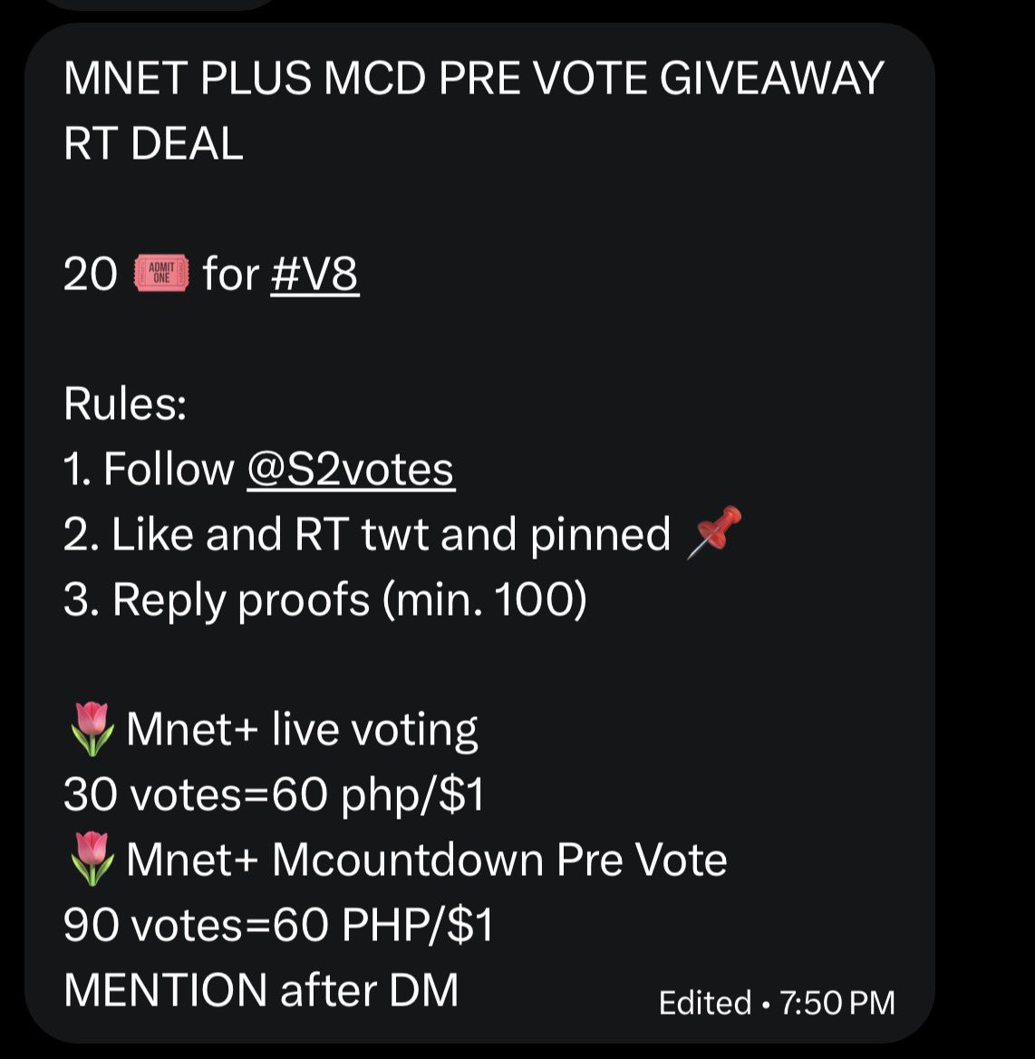 cheoliloli_'s tweet photo. MNET PLUS MCD PRE VOTE GIVEAWAY RT DEAL (24hrs only)

20 🎟️ for #V8

Rules: 
1. Follow @S2votes 
2. Like and RT twt and pinned 📌
3. Reply proofs (min. 100) 

🌷Mnet+ live voting
30 votes=60 php/$1
🌷Mnet+ Mcountdown Pre Vote 
90 votes=60 PHP/$1
MENTION after DM https://t.co/fwVGzZ69Sx