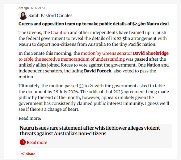 DavidShoebridge's tweet photo. Forcing transparency from Labor. This time on the toxic deal where Australia hands over $2.5 billion to Nauru as part of an attack on refugees' rights. After a vote in the Senate brought on by the Greens, Labor must now make public the secret agreement within the month. https://t.co/kwawUMBl6D