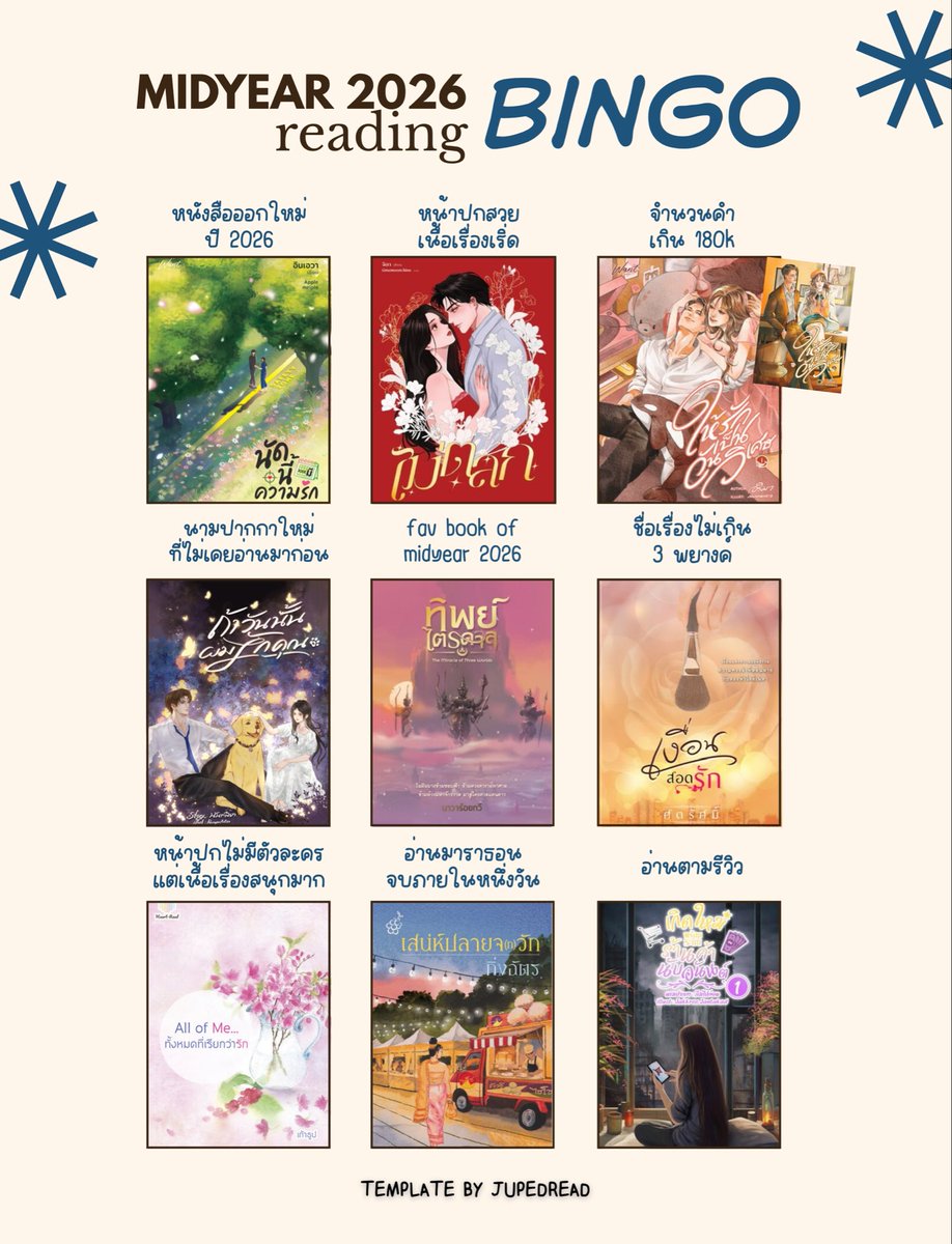 iamjped's tweet photo. ✿ mid-year 2026 reading bingo ✿
อยากชวนมาเล่นกันค่า 🫪🤟🏻 https://t.co/pBqm8XB13F
