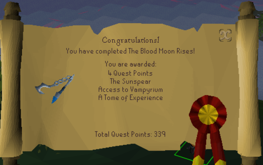 EdgevilleG's tweet photo. Probably would've finished Day one but I'm employed lol 
Reclaimed the quest cape.  Absolutely insane quest. #OSRS 🧛‍♂️🌕🩸 https://t.co/n8FVWazbf5