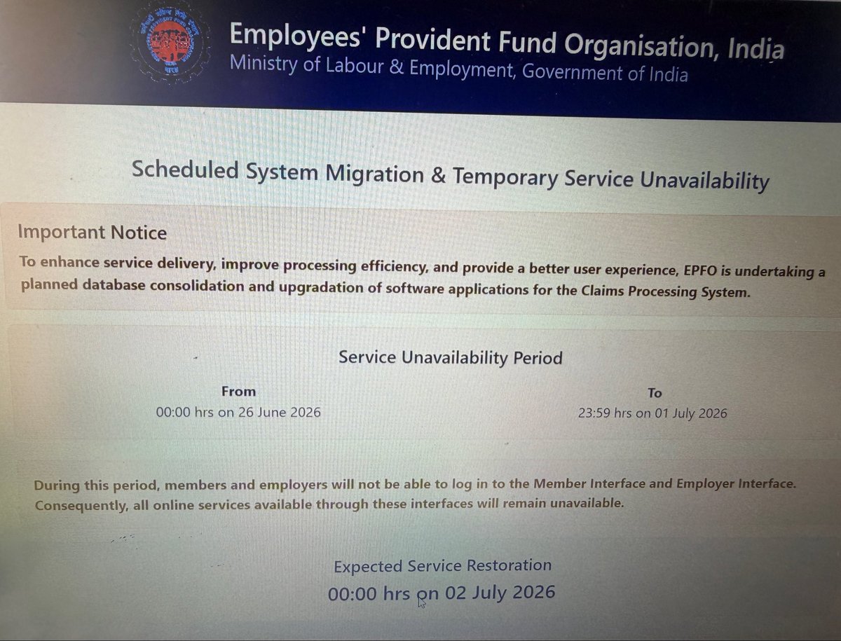 FITEMaharashtra's tweet photo. 🚨 EPFO Site Down for 7 Days for a Database Upgrade? 🤔 | Digital India 🇮🇳

India is a global IT powerhouse, building and managing high-availability digital infrastructure for clients across the world.

So why should a major public service portal remain unavailable for 6–7 days for a planned database upgrade?

Modern upgrades are often designed to minimize downtime through phased deployments, replication, and failover mechanisms. If a longer maintenance window is unavoidable, citizens deserve a clear technical explanation and a transparent timeline for restoration.

Can we build more resilient digital public infrastructure for millions of users? 🇮🇳

#EPFO #DigitalIndia #GovTech #ITInfrastructure #DatabaseUpgrade #Technology #India #PublicServices