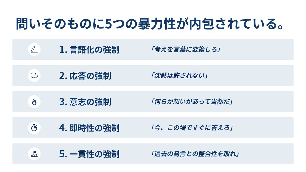thin_valley's tweet photo. 「良い問いとは何か」を考えるのも大事だけど、「そもそも今問いを投げるべきか」から考えないと、相手を傷つけたり追い詰めたりしかねない。というのも、「問いかける」という行為がどうしたって暴力性を内包しているので、どれだけ問いかけの技術を磨いてもこの暴力性は排除できない。 https://t.co/DStjjCOiPP