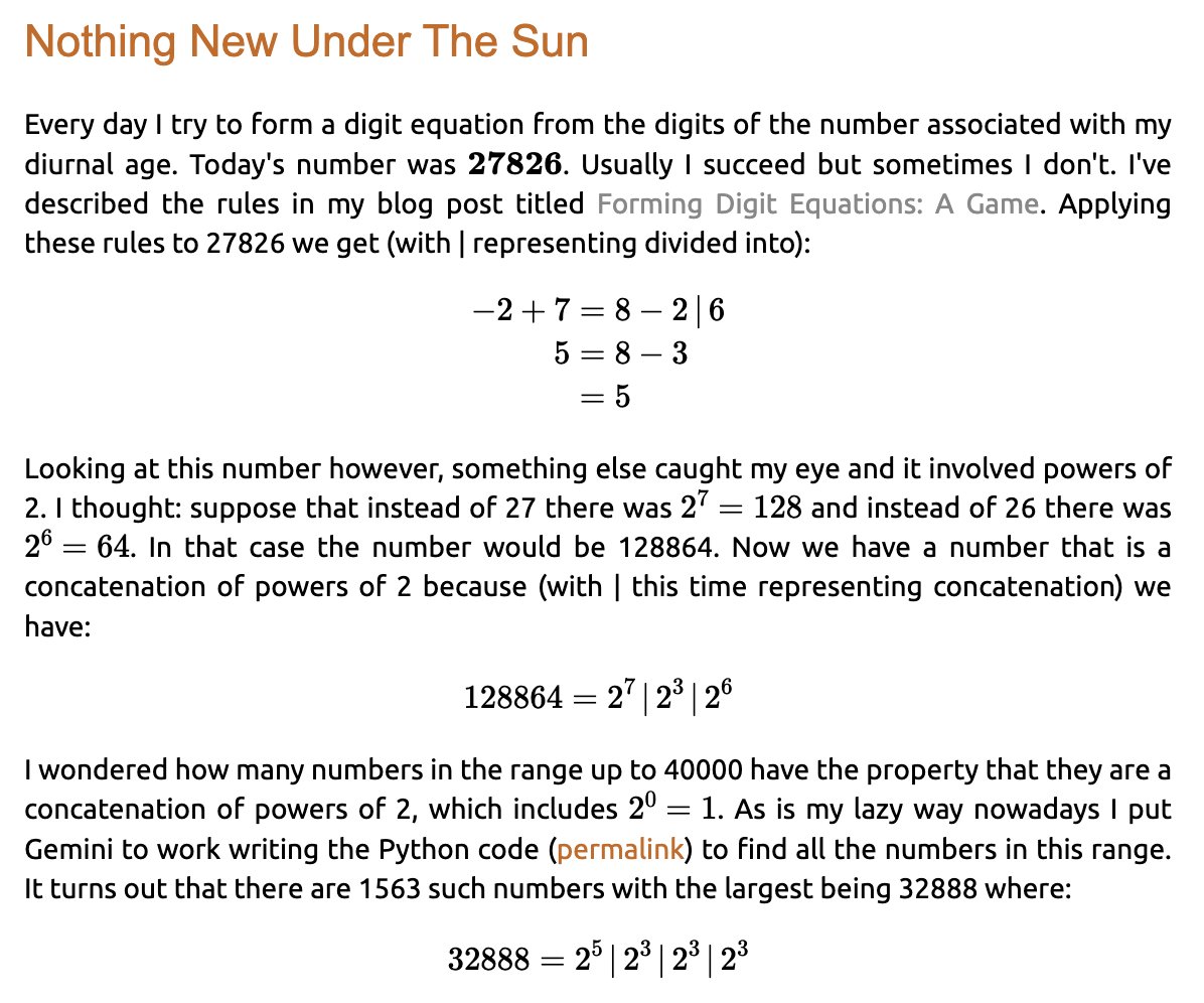 SeanReeves's tweet photo. 28214: 2 * 14107

Number whose sum of digits (SOD), SOD^2 &amp; SOD^3 are all prime (17, 89, 593); concatenation of powers of 2; emirpimes since 41282 = 2 * 20641; inconsummate and junction number (28192 + 22 = 28201 + 13 =28214).

https://t.co/yor8eRzmUv
https://t.co/YLw5logbGa https://t.co/m8flv3F6Ss