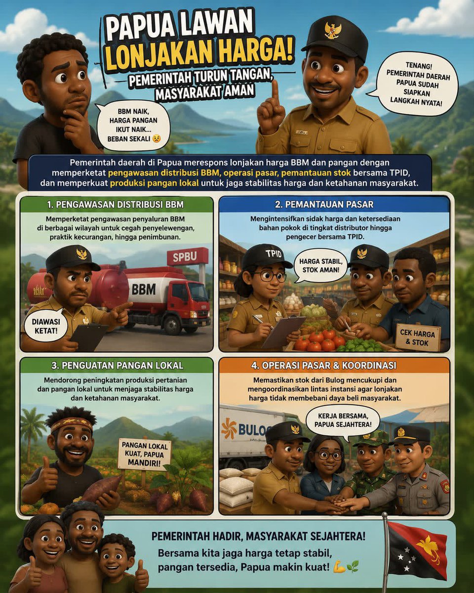 vionalubis2's tweet photo. Dari pengawasan BBM, pemantauan pasar, hingga penguatan pangan lokal, semuanya dilakukan secara nyata demi ketahanan masyarakat Papua. Bukti nyata pemerintah hadir untuk masyarakat demi satu tujuan: Papua Sejahtera!
#Papua https://t.co/HyrpxkXwaL