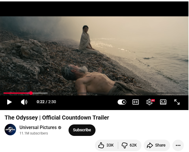 Itssan17's tweet photo. An almost 2:1 dislikes ratio on the final trailer of the odyssey is absolutely crazy ngl https://t.co/imGLMJn0FG