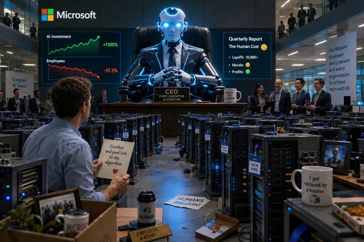 thededbatman's tweet photo. AI: the only employee that gets a $190B budget before its first performance review.

Microsoft is cutting thousands of jobs while pouring billions into AI infrastructure, turning “future of work” into a very expensive office redesign. source:TechCrunch

#AI #BigTech  #TechLayoffs https://t.co/6Z1iXtyiFX