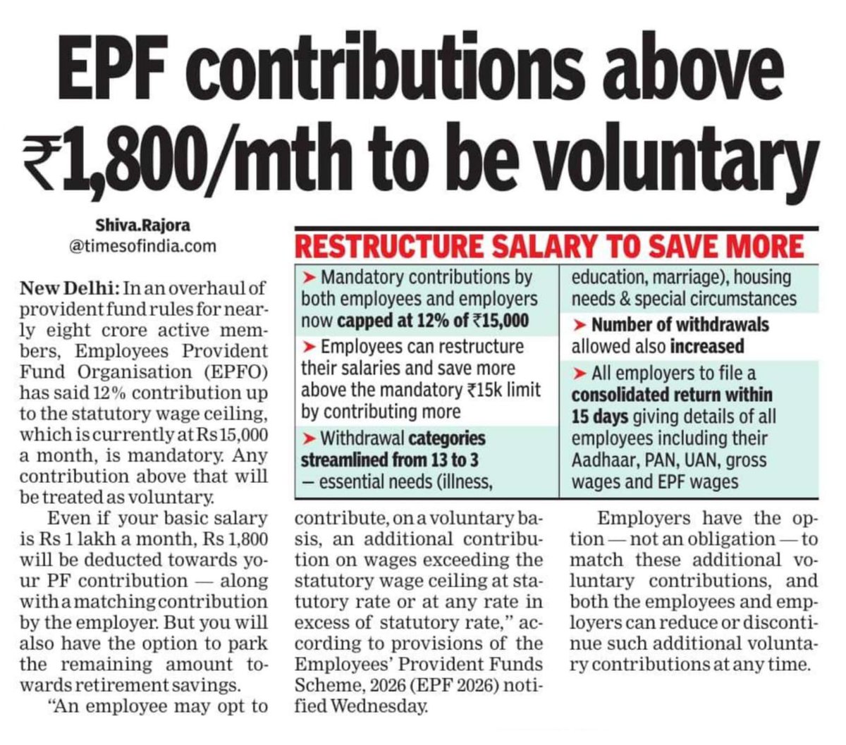 carajendra89's tweet photo. The Govt has notified the new Employees' Provident Fund Scheme, 2026 replacing the older 1952 Scheme.

Withdrawals have been made more flexible and compliance tighter with Aadhar, PAN and linked bank accounts. (TOI) https://t.co/BtAmjUHxqd