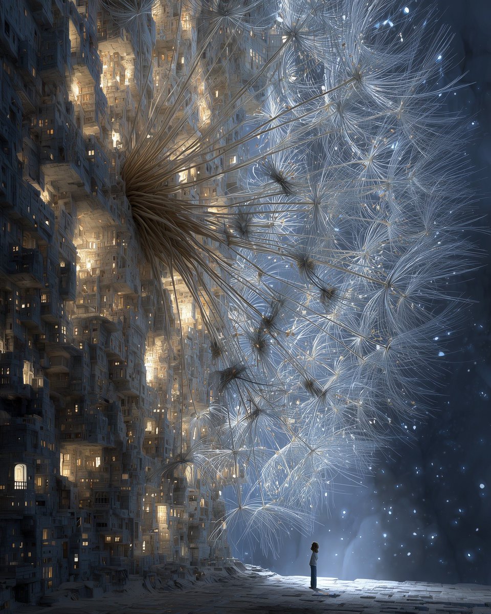 NightcafeStudio's tweet photo. Fear builds walls. Loneliness creates endless corridors. And hope? Hope looks like a dandelion the size of a city. 🌿

This is "The Geometry of Hope" by u/LuSt_Design_Studio, one of the entries in NightCafe Select.

"Architecture is often thought of as something built from concrete, steel, and stone. Yet the strongest structures we inhabit are invisible.

This series explores the emotional landscapes we construct throughout our lives. Fear builds walls. Loneliness creates endless corridors. Memories become entire cities that exist only within us.

The colossal dandelion is not simply a flower, it is an architecture of hope. Fragile in appearance, yet capable of carrying more weight than concrete ever could. Every filament a memory. Every seed a possibility.

The solitary figure never escapes the darkness below. But as the journey unfolds, hope becomes larger than fear, and light begins to grow through the cracks of what once felt unbreakable."

A stunning read on Edition 1's theme, The Architecture of Feeling: emotion built into structure, frame by frame.

See the full Body of Work on the Select feed and give it a like if it moved you. 💛

Entries open until 12 July, enter free ⤵️
🔗 https://t.co/aondQqXzRl