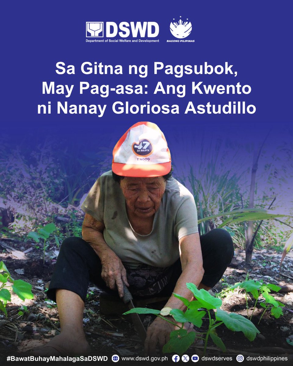 dswdserves's tweet photo. DSWD FEATURE STORY: Sa Gitna ng Pagsubok, May Pag-asa: Ang Kwento ni Nanay Gloriosa Astudillo

Si Nanay Gloriosa Magallon Astudillo, 76-anyos at isang biyuda, ay naninirahan sa isang maliit na bahay sa Poblacion, Boston, Davao Oriental. Tulad ng maraming pamilya, nagkahiwa-hiwalay sila ng kanyang limang kapatid nang sila’y magkapamilya na.

Ang kanyang walong anak ay may kanya-kanya na ring buhay, kaya’t siya ay naiwan na mag-isang humaharap sa araw-araw na hamon ng buhay. Sa loob ng maraming taon, ang pamumuhay ni Nanay Gloriosa ay puno ng kawalan ng katiyakan at kahirapan.

Ngunit noong 2017, sa tulong ng isang kaibigan, nagparehistro siya bilang senior citizen at nag-apply sa programa. Tunay na nagbago ang kanyang buhay nang siya ay napabilang dito noong 2026.

Basahin ang kaniyang buong kwento: https://t.co/uxrNr2difF

#BawatBuhayMahalagaSaDSWD ❤