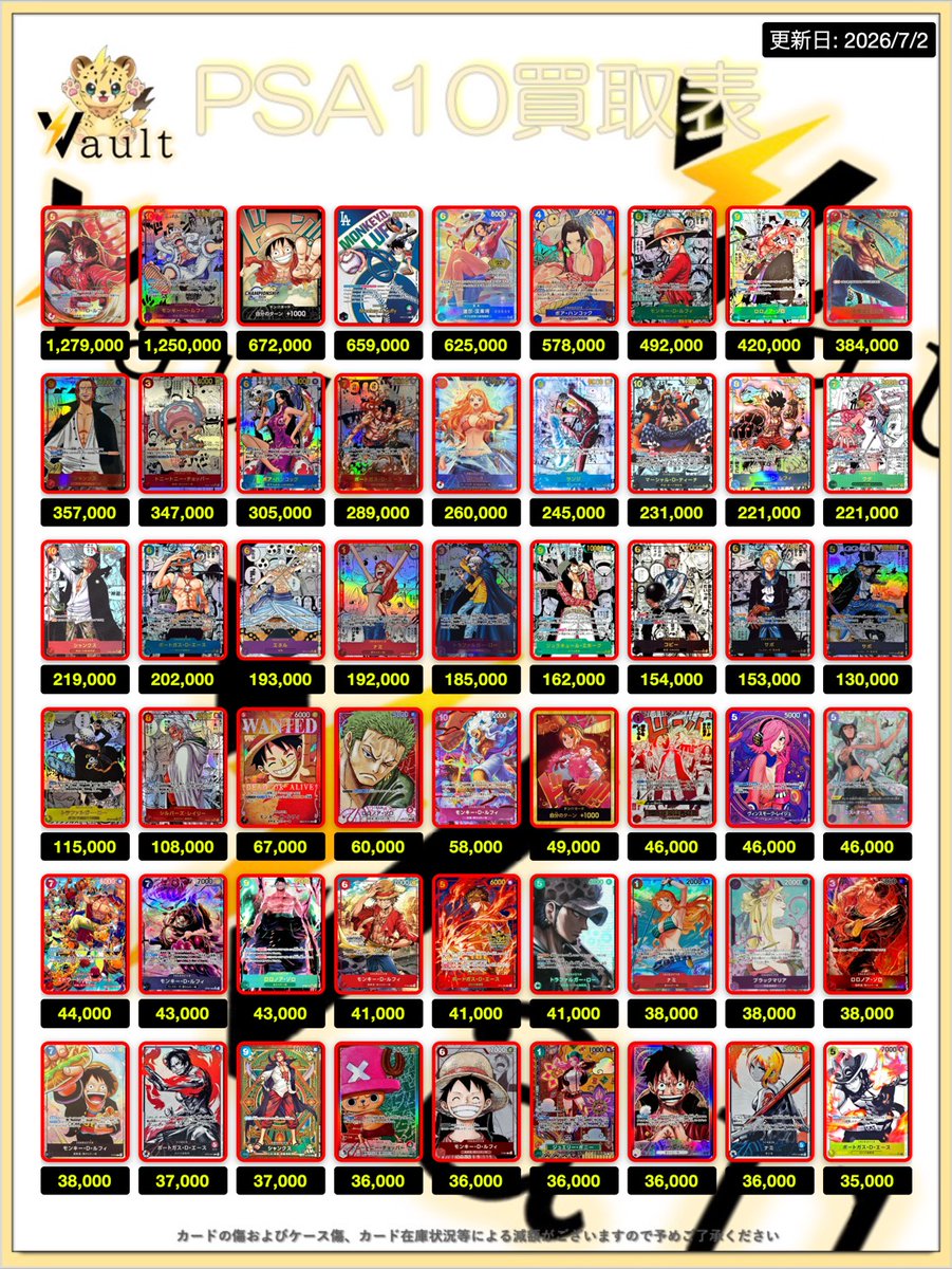 ワンピースPSA10強化買取】⚡️7/2更新 ワンピースPSA10の買取表になり
