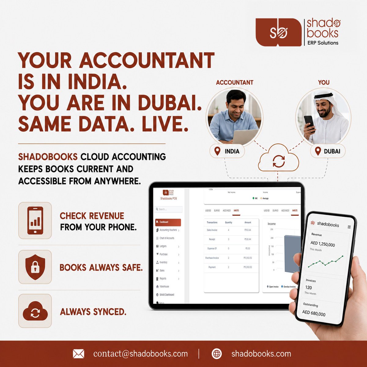 shadobooks_'s tweet photo. Your accountant is in India. You're in Dubai.

Same data. Live. 🌍

Shadobooks Cloud Accounting keeps your books updated, secure, and accessible from anywhere.

Check revenue from your phone. Always synced. ☁️

#cloudaccounting #erpsoftware #uaebusiness #shadobooks https://t.co/LaMCISG4qW